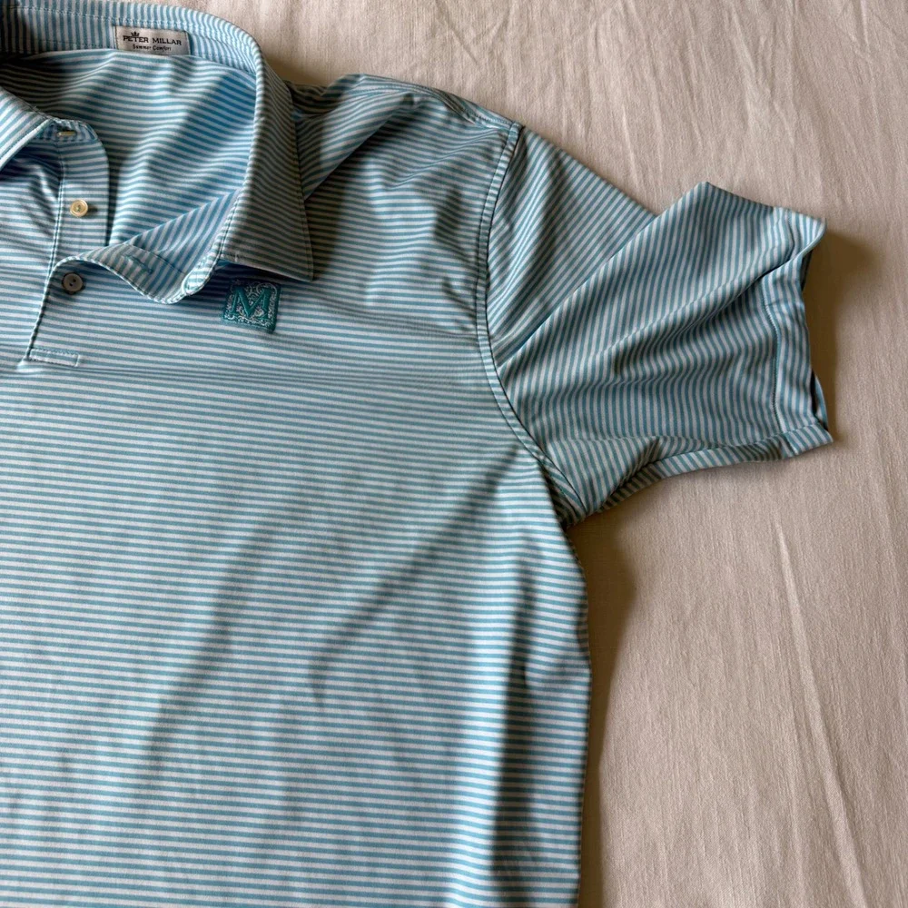 Peter Millar Summer Comfort XXL Blue‎ White Striped Golf Polo Shirt M Logo